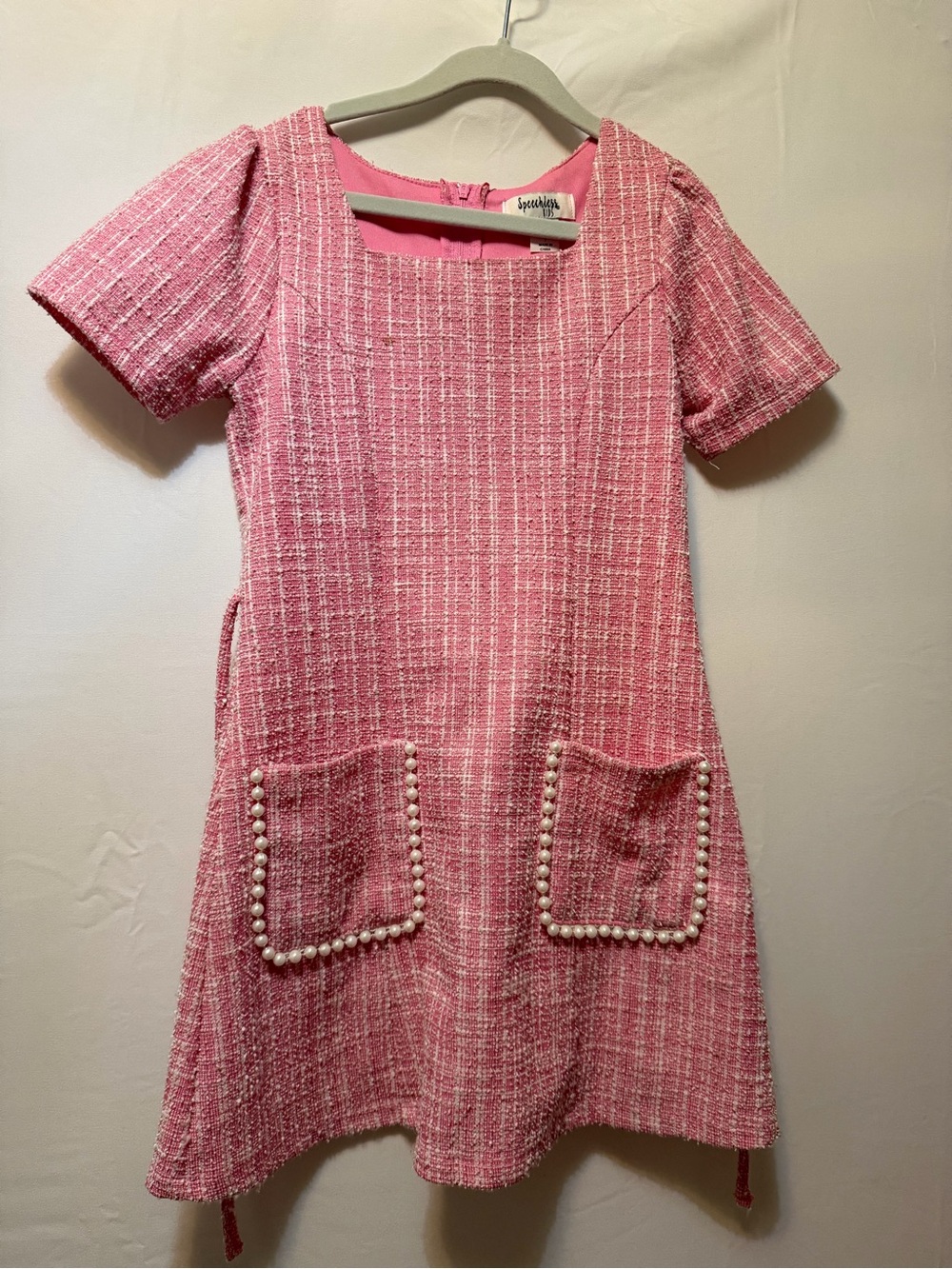 Girls Pink Tweed Pocket Dress with Pearl Trim